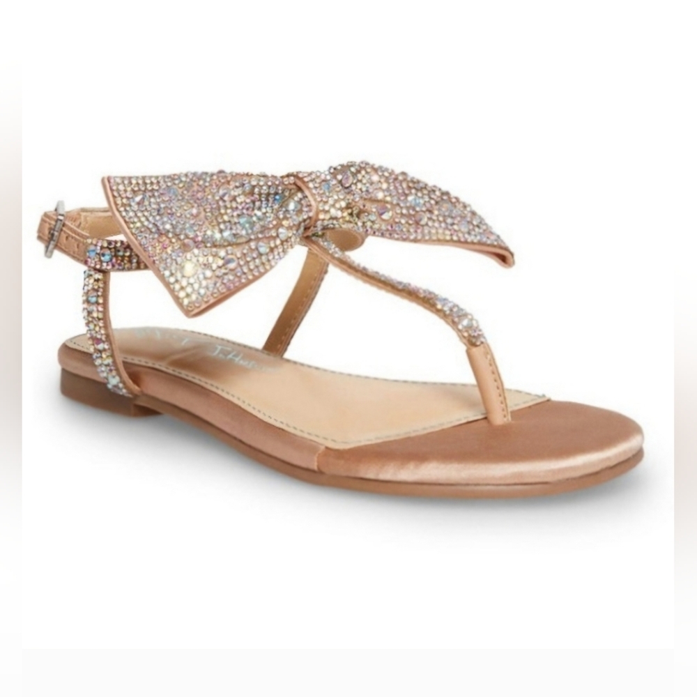 Betsey Johnson Rose Gold Crystal Bow T-Strap Sandals